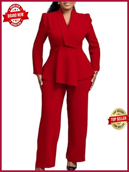 Pants - 2-Piece Ruffle Blazer & Wide Leg Pants Suit Set Business Casual Outfits